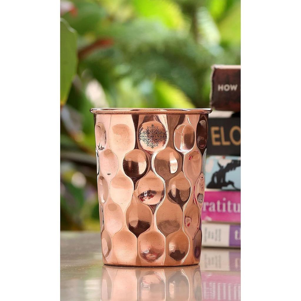 Pure Copper Plain Glass with Diamond Hammered Design, Drinking Serving Water, Yoga Ayurveda, Volume-300 Ml, Pack of 6