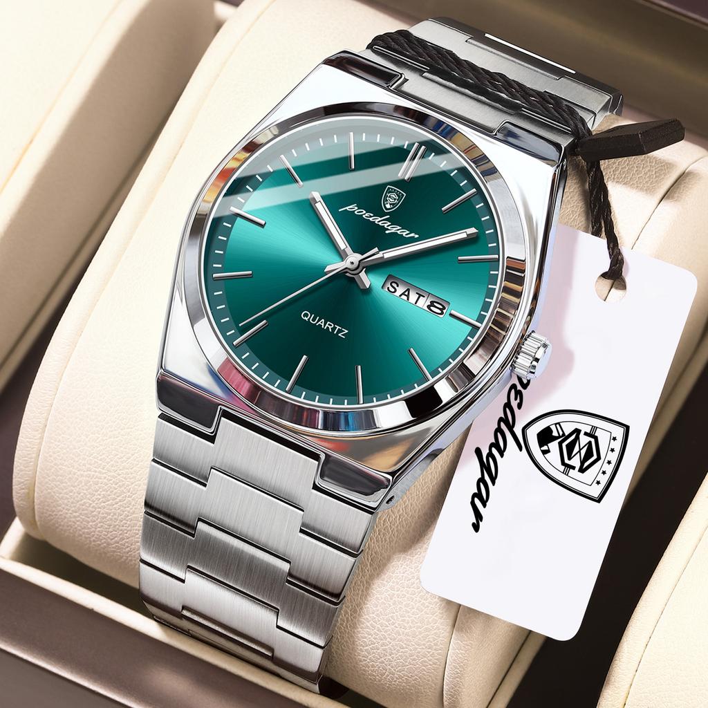POEDAGAR Exquisite Business Men Watch Stainless Steel Waterproof Luminous Man Wristwatch Date Week Classic Men's Quartz Watches