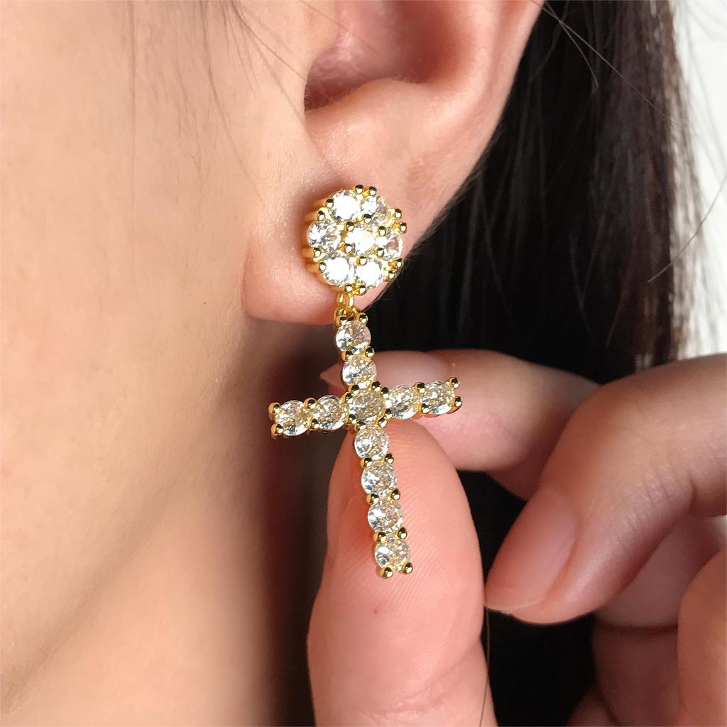 Big Cross Drop Earrings for Women Fashion Jewelry Punk Gold Color Hip Hop Zircon Earring Studs Men Ear Accessories OHE007