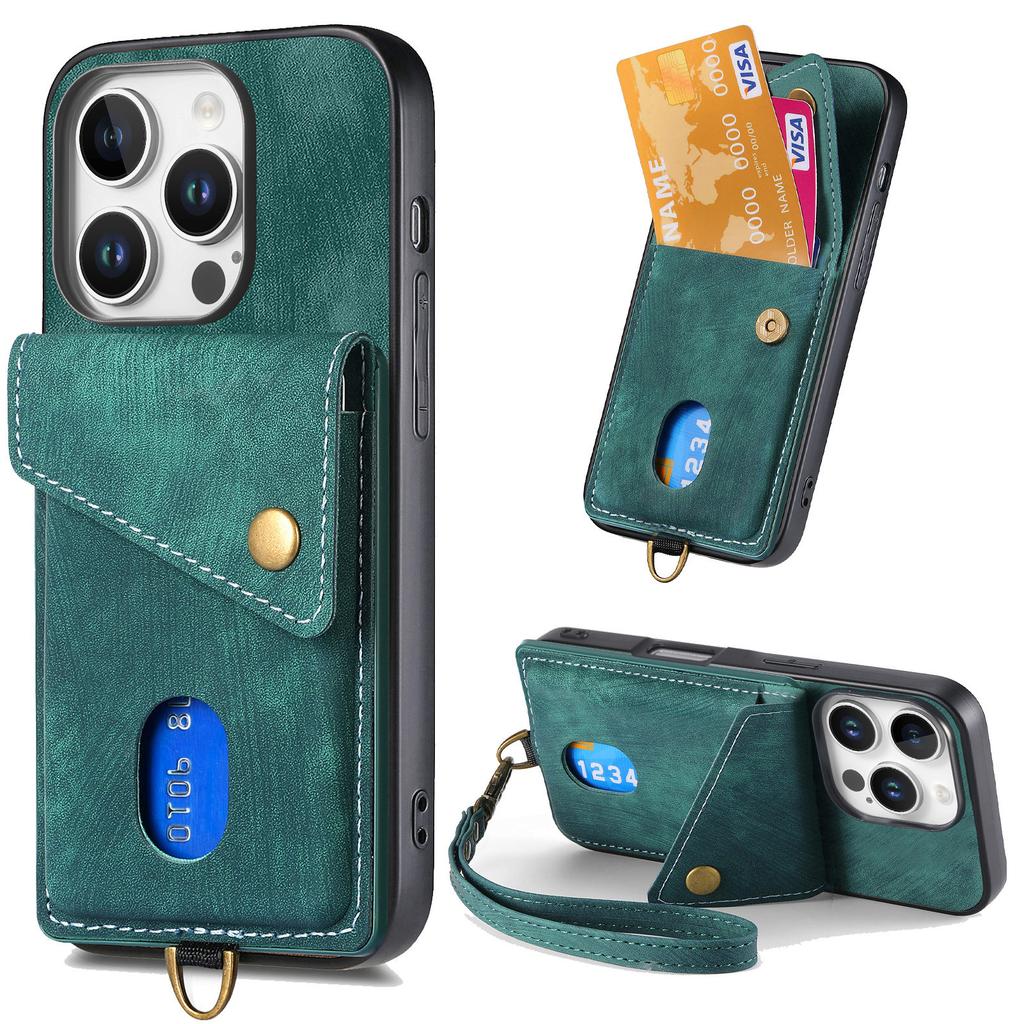 Kickstand Leather Wrist Strap Wallet with Card Holder Phone Case for iPhone 16 15 14 11 Pro Max XS XR 7 8 Plus 13 12 Mini Cover
