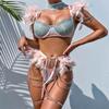 Free Shipping Hot Selling Erotic Underwear Feather Clash Color Chain Bra Thong Set Lingerie with Garter Belt Sexy Four Piece Set