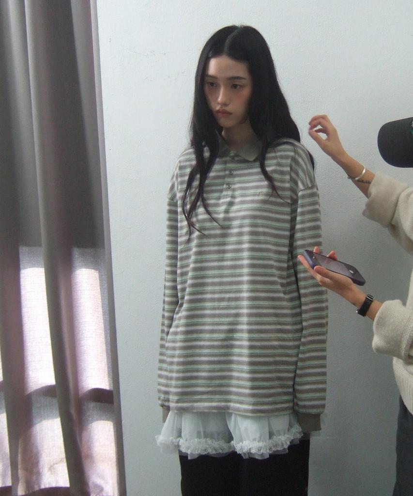 SOME PLACE Striped Multi-Stripe Oversized Long Sleeve Collared T-Shirt _2 Colors