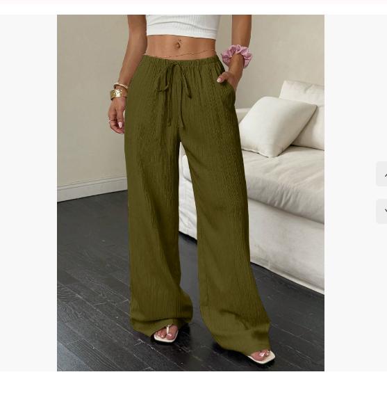 Summer Women's Casual Solid Color Texture Fabric Waist Belted Side Pocket Wide Leg Pants