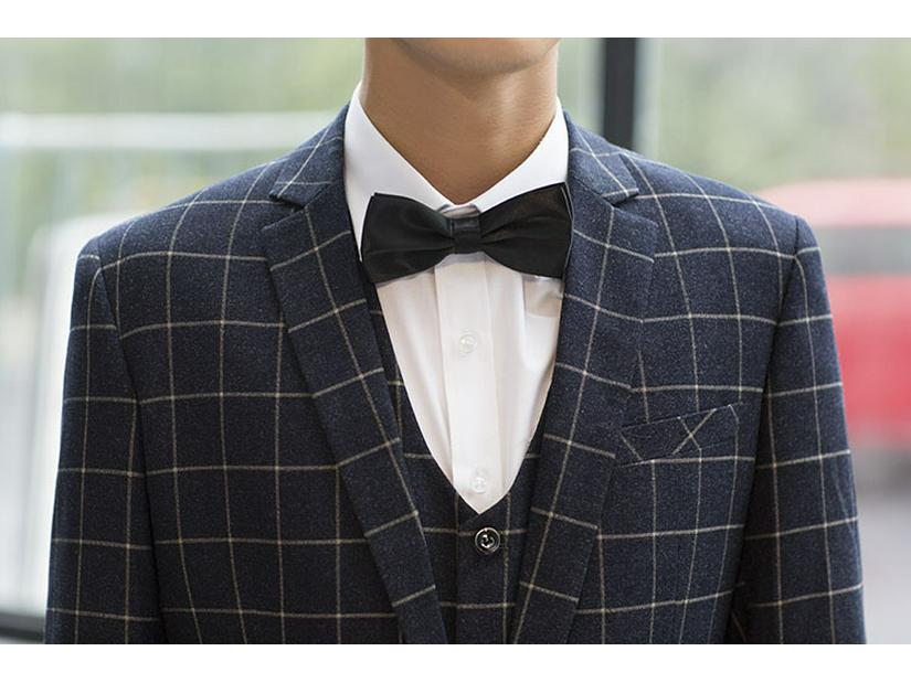 Men's Blue Plaid Slim Fit Blazer & Suit Set - Korean Style Two-Button Casual Tuxedo