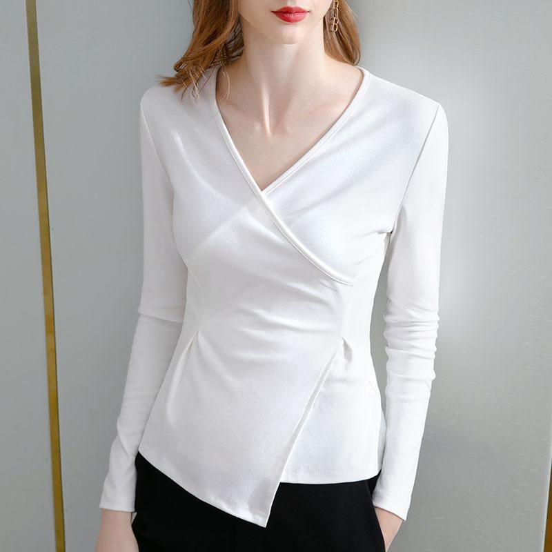 Neck bottoming shirt women's new women's cross v-neck long-sleeved cotton t-shirt irregular design niche top