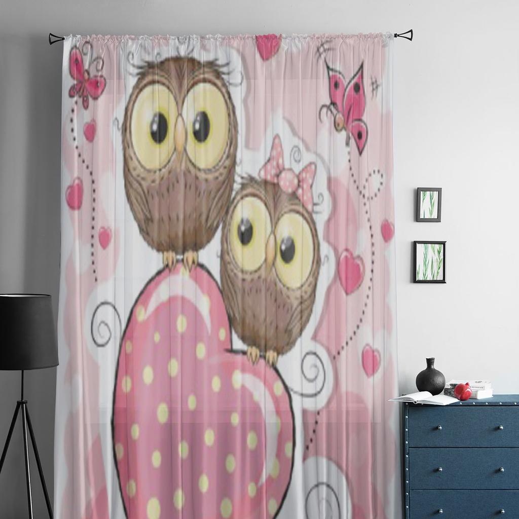 Cute Owls Heart Pink Sheer Curtains for Living Room Transparent Tulle Window Treatments Bedroom Kitchen Home Decor Veil Drapes