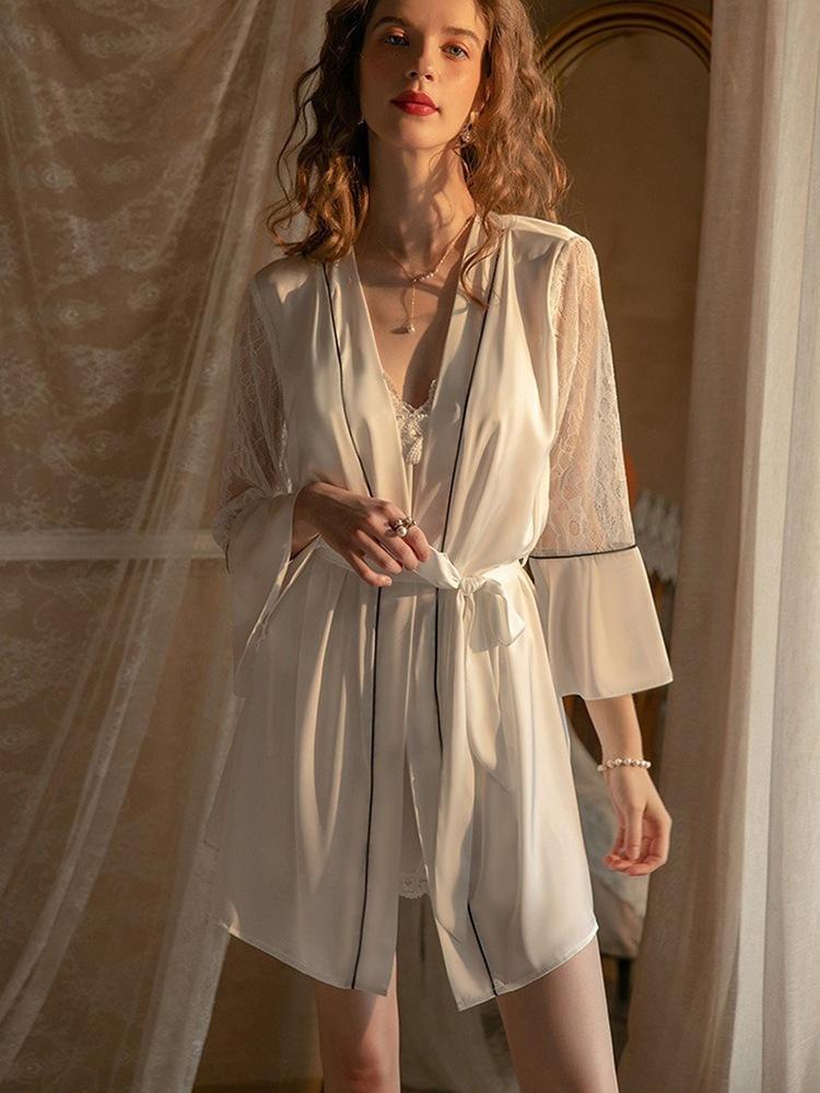 Pajamas Women's Summer Sexy Ice Silk Nightgown Thin Bathrobe Medium and Long Bathrobe Bridal Makeup Dressing Gown Loungewear