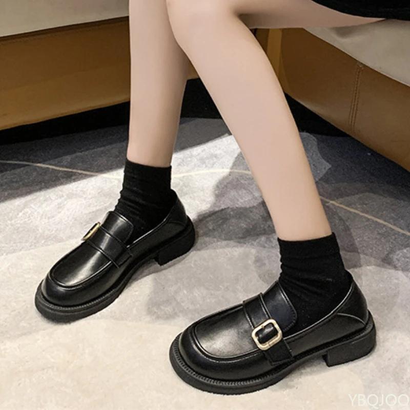 Fashion Black Ladies Leather Shoes Elegant Retro British Style Footwear Thick Soled Buckle Loafers Fashion Casual Women's Flats Zapatos