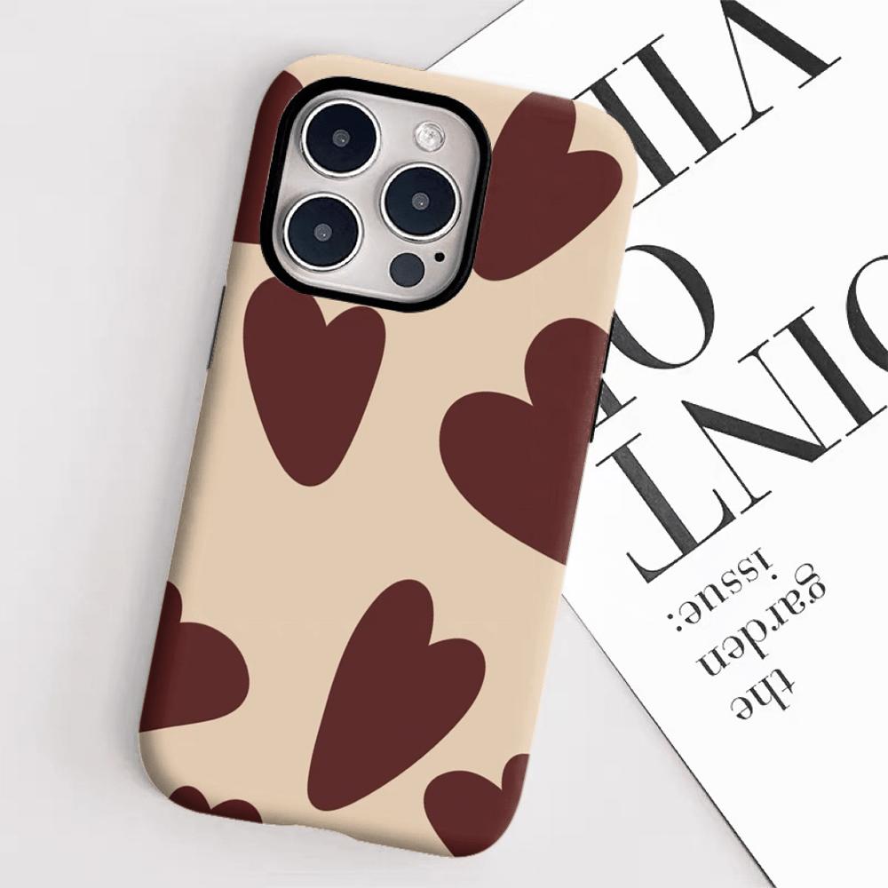 Red Brown Heart-shaped Fashionable Phone Case Suitable for iPhone17, 16, 15, 14,13Pro/Max/Plus Anti Drop Double-layer Back Cover