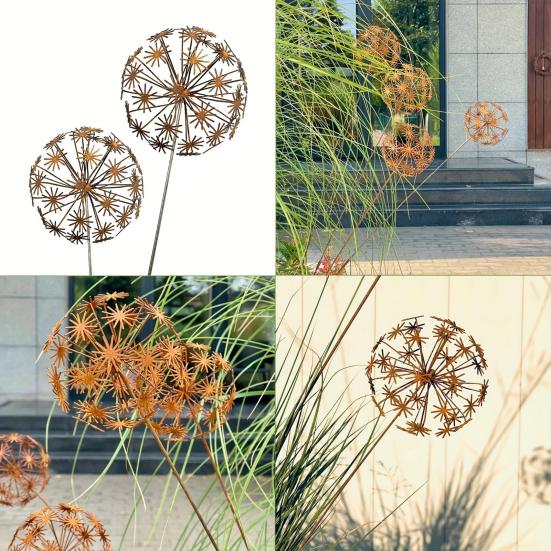 Metall Löwenzahn Gartenstecker Gealtert Rostige Löwenzahn Statue Außen 3D Blume Hofkunst Stecker für Garten Terrasse Rasen Blumenbeet Dekoration