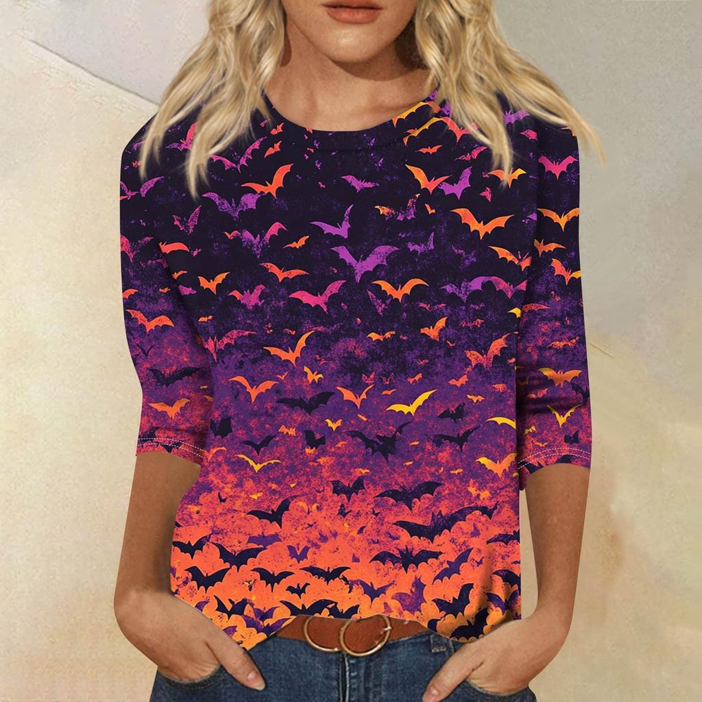 Women's Fashion Casual Round Neck 3/4 Sleeve Loose Printed T-Shirt Ladies Top