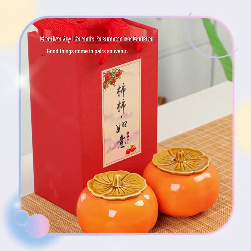 BoYiDuo Auspicious Ceramic Persimmon Tea Caddy Gift Set