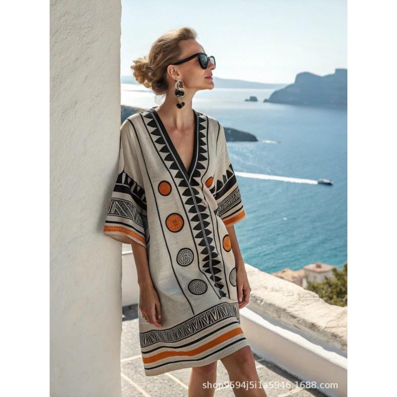 2026 women's V-neck dress seaside vacation 3D printing loose skirt beach