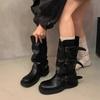 Women Boots 2026 Autumn Round Toe Belt Buckle Fashion Mid Calf Platform Fashion Boots Retro British Style Wedges High Top Boots