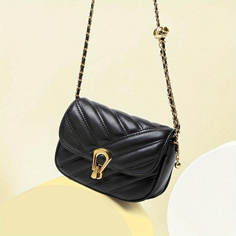 Stylish Black Crossbody Bag for Women - Elegant Pattern Shoulder Bag with -Tone Chain Strap, Secure Lock Closure