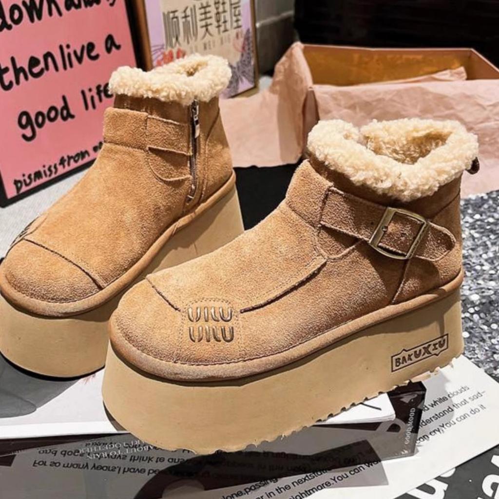 Soft leather version~ Lamb wool shoes platform muffin Boken snow cotton boots big head bread shoes small man showing feet small woman