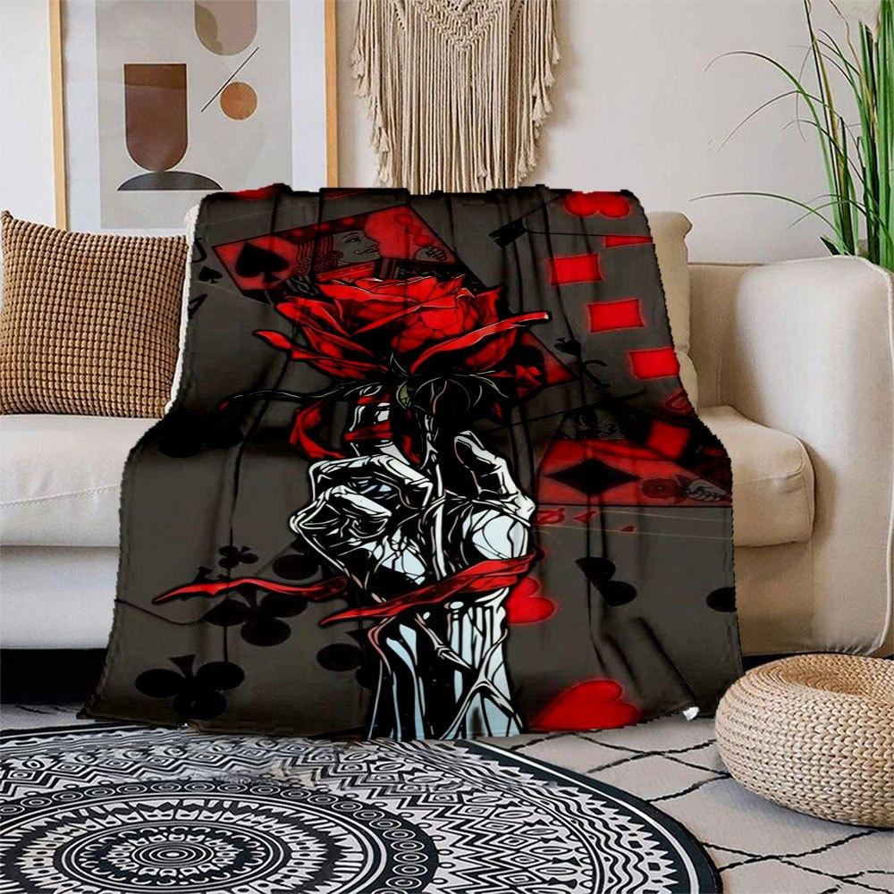 Red Rose Skeleton Hand Playing Cards Art Print Blanket Flannel Throw Blanket for Sofa, Bed, Travel, Camping, Office 100x150cm