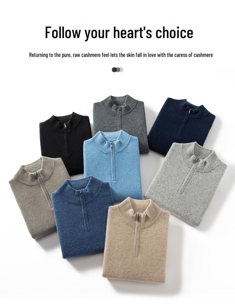 Eleganter Herren-Halbreißverschluss-Kaschmirpullover, einfarbige Strickware mit Stehkragen, Business Casual Pullover