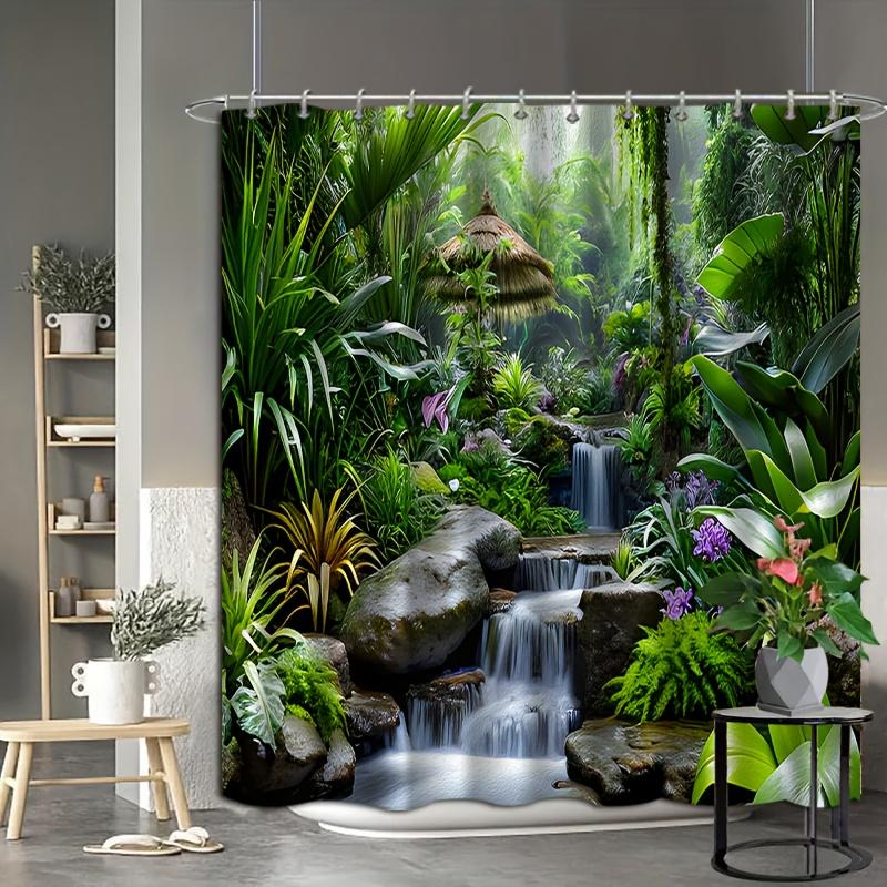 Tropical Jungle Waterfall Shower Curtain Nature Landscape Art Bathroom Decor Green Forest Zen Bath Curtains Modern Home Interior