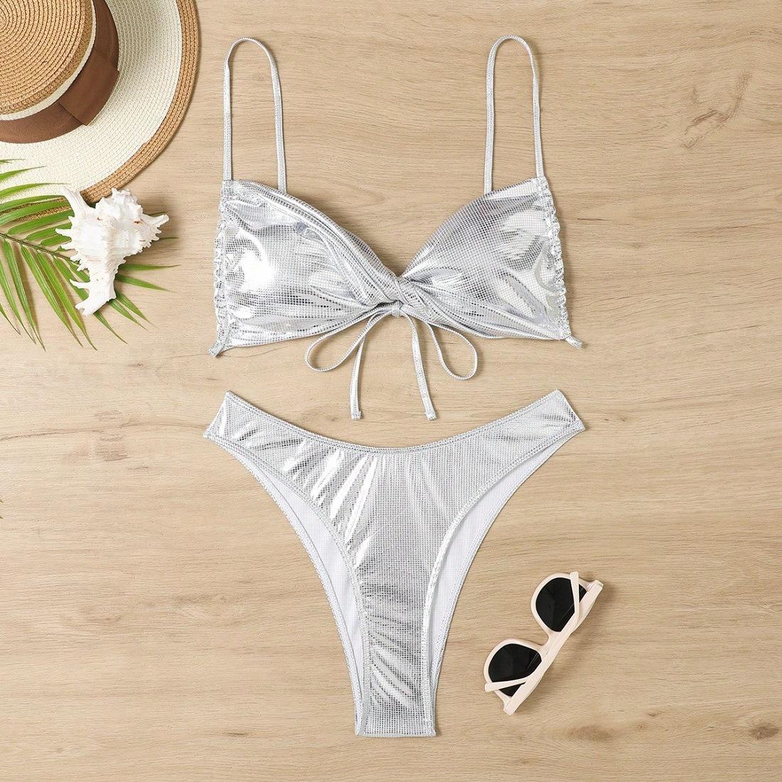 Foreign trade European and American split swimsuit women s glossy sexy solid color suspender backless bikini swimsuit S