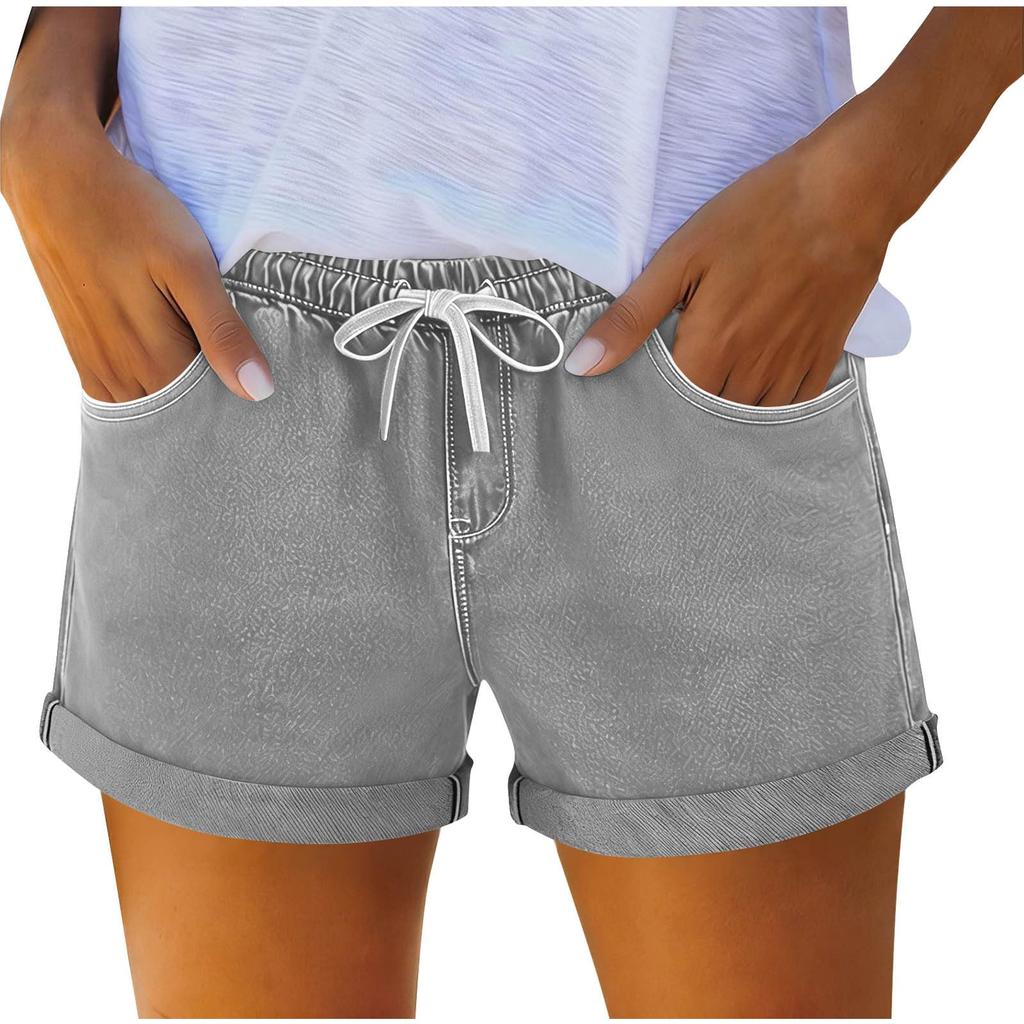 Women's Denim Shorts with Drawstring, Casual Summer Fashion, Stretch Comfort Fit for Beach and Daily Wear