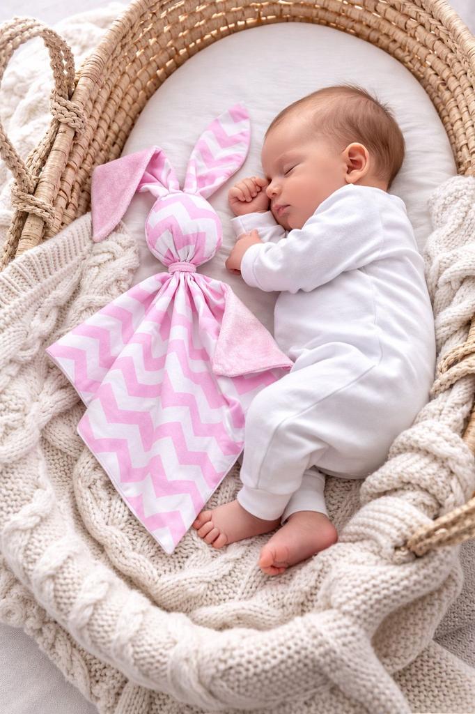 Doudou Bunny Cuddly Toy Double-Sided Cotton and Minky - Chevron Pink - Pink