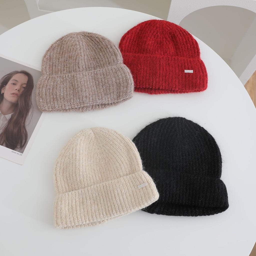 Metal Label Simple Knitted Hat for Women In Autumn and Winter New Warm and Thickened Cold Hat To Show Face and Protect Your Face