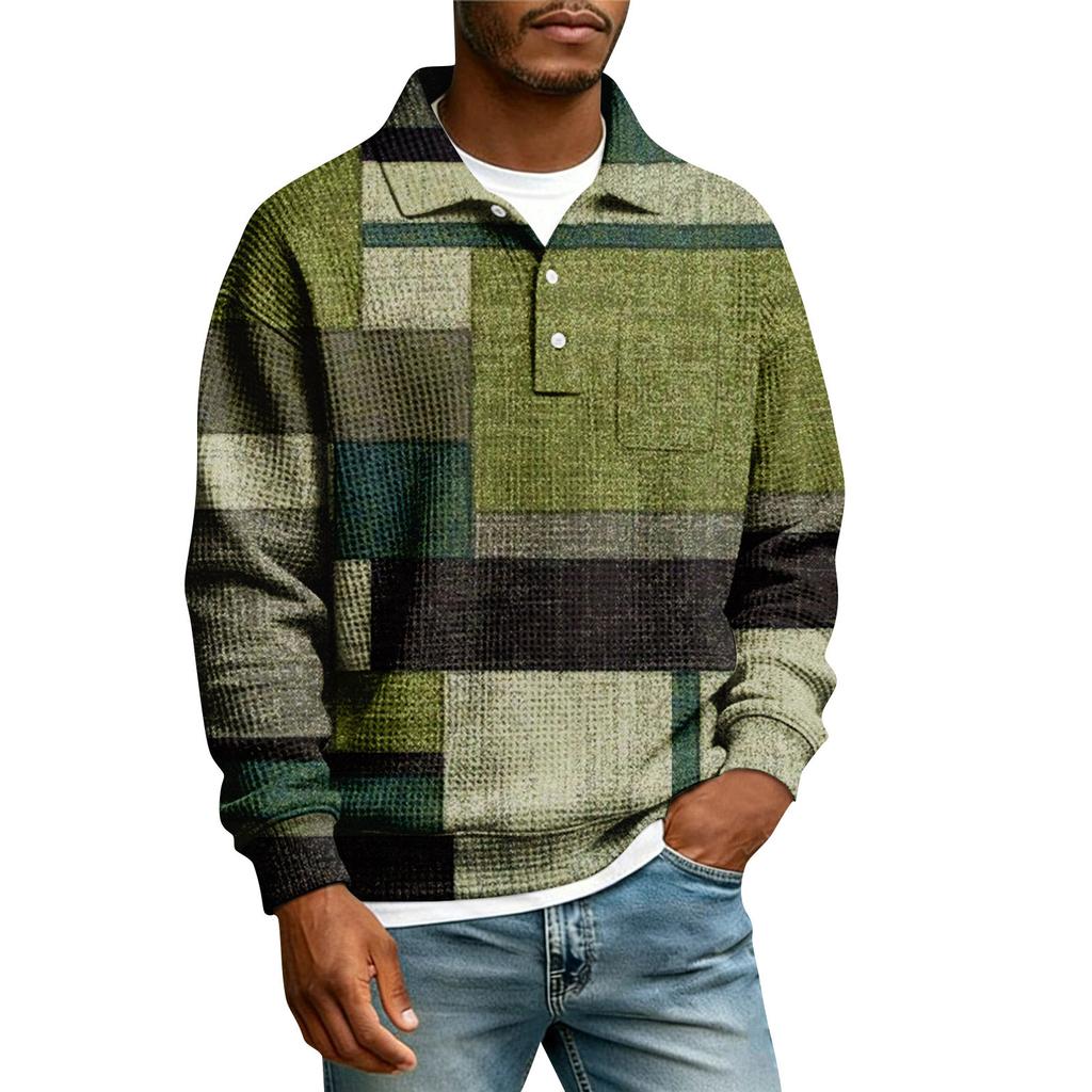 Men's Lapel Printed Single Breasted Pocket Long Sleeve Casual Sports T-Shirt