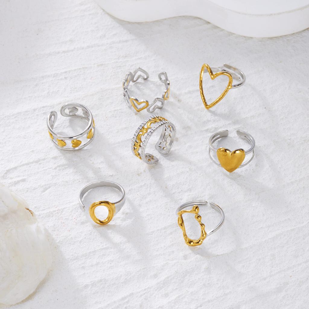 7Pc Abstract Geometric Heart Ring Set for Women Stainless Steel Dual Tone Minimalist Everyday Mix Match Chunky Finger Jewelry