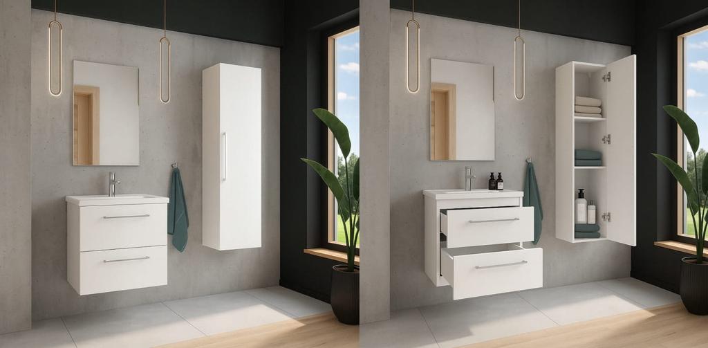 Wall-hung bathroom column, white gloss, 125x33cm, soft-close Pinia