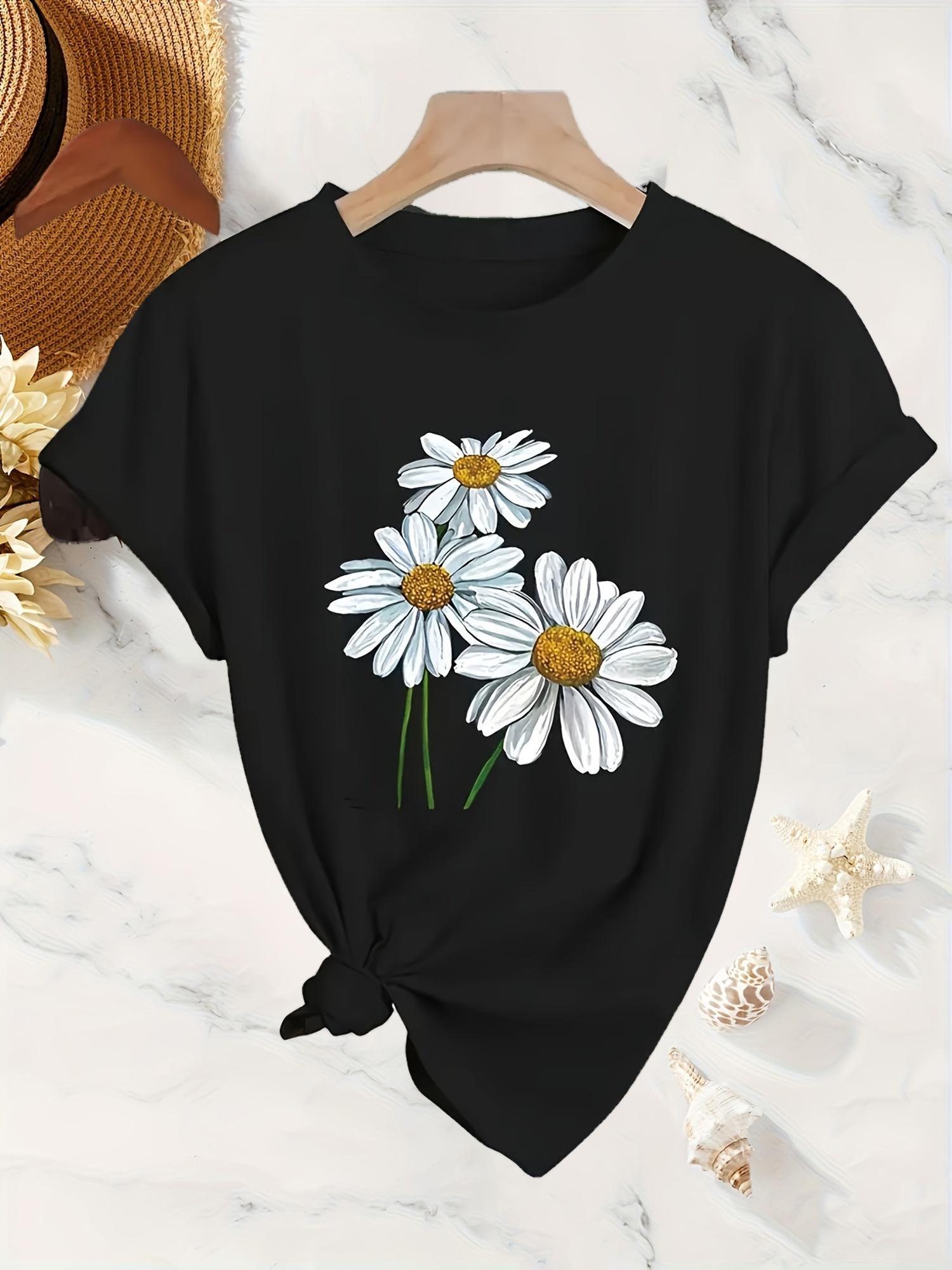 Daisy Floral Print Black T-shirt XL