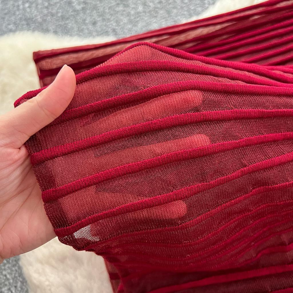 High-end Knitted Splicing Irregular Mesh Dress Women's Summer French Waist and Thin Temperament Sleeveless Long Dress