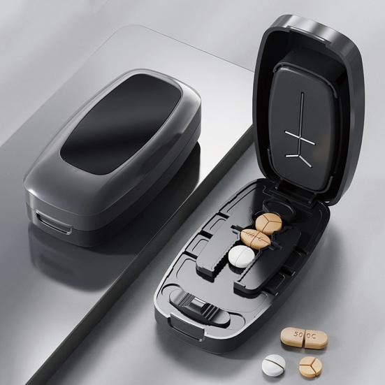 Přenosný dělič pilulek Nastavitelný dělič tablet 1/2 1/3 1/4 Dělič pilulek Přesné vycentrování a zarovnání pro kulaté oválné pilulky Řezání více pilulek najednou