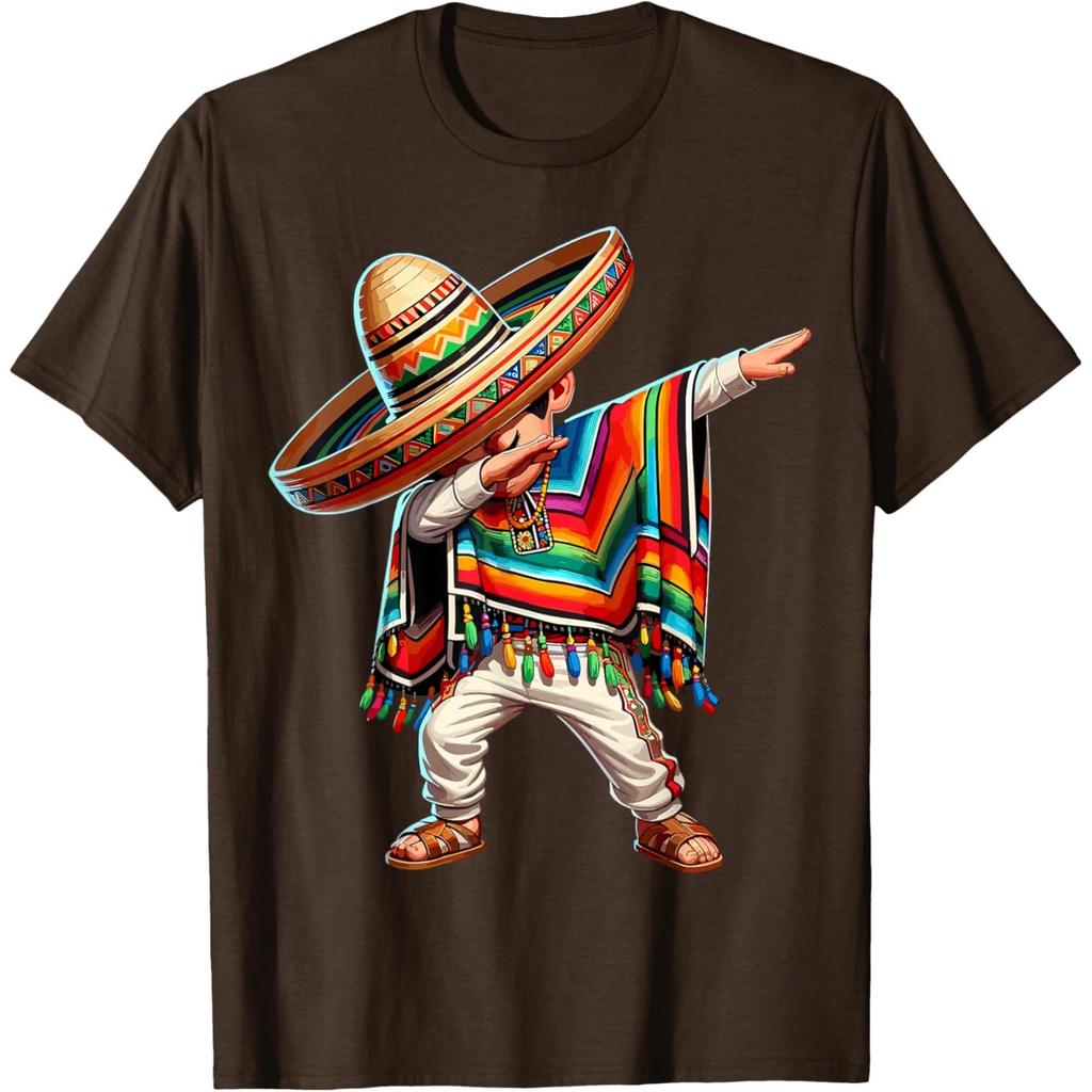 Mexican Boy Dabbing Poncho Sombrero Graphic Tee Cinco de Mayo Casual Cotton T-Shirt