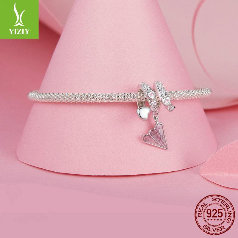 Pink Paper Plane Love Letter Diy Bracelet Beaded, Romantic Valentine'S Day S925 Silver Pendant Jewelry Accessories
