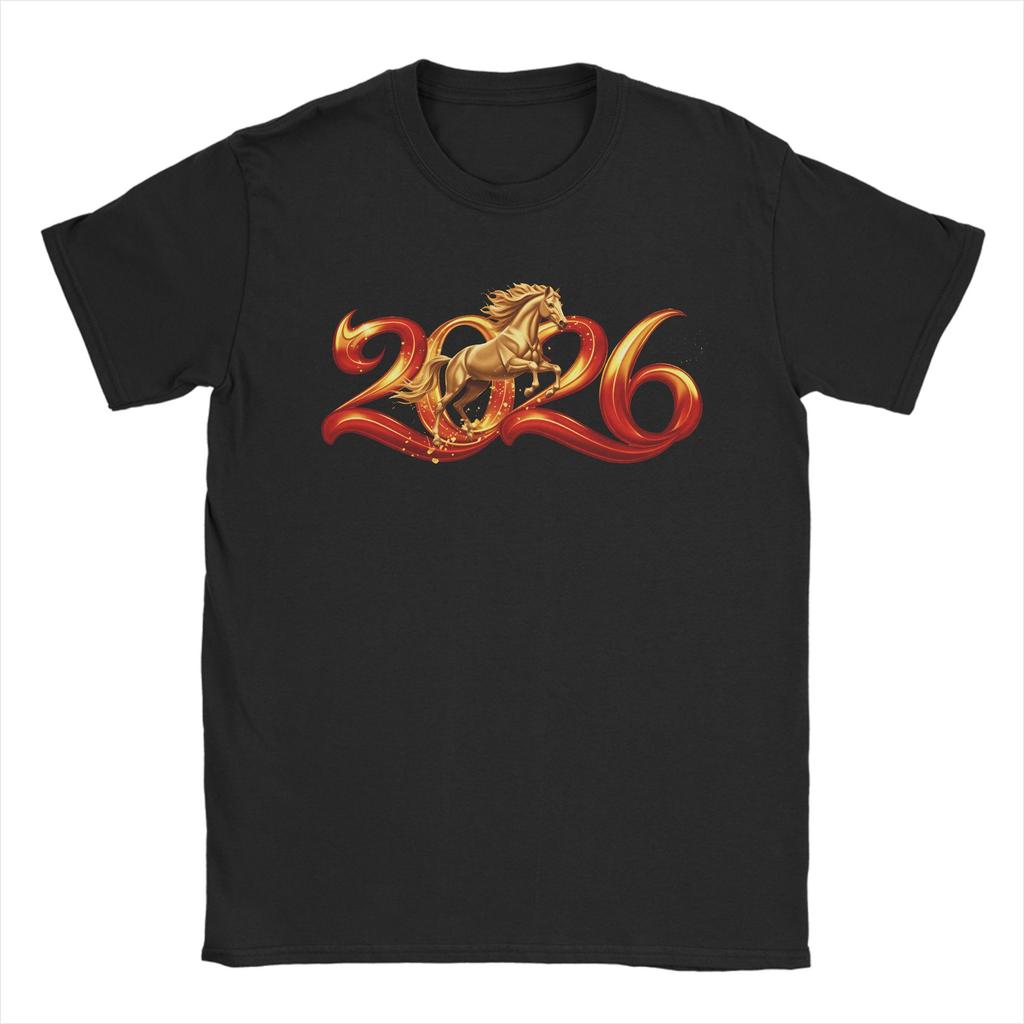 New Year Of Horse 2026 Mens T Shirt Funny Tees Short Sleeve Crewneck TShirt Pure Cotton Classic Tops