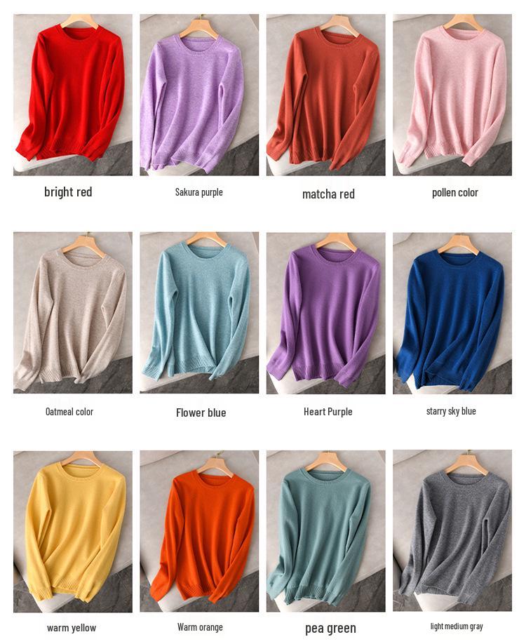 Dámský 100% vlněný pletený svetr s kulatým výstřihem a dlouhým rukávem – Jednobarevný pro podzim a zimu