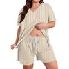 Plus Size Casual Two Piece Set Women Short Sleeve V Neck Loose Fit Top and Drawstring Waist Shorts Lounge Wear Set