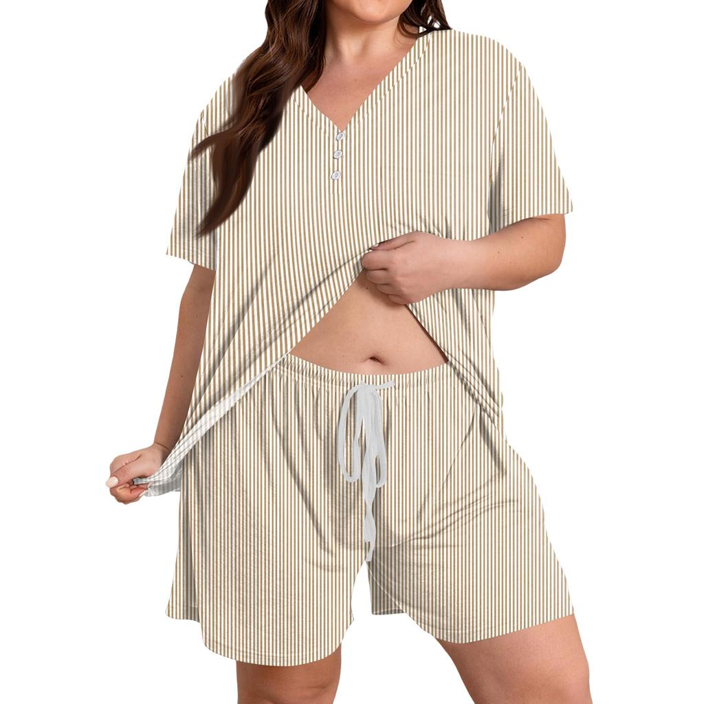 Plus Size Casual Two Piece Set Women Short Sleeve V Neck Loose Fit Top and Drawstring Waist Shorts Lounge Wear Set