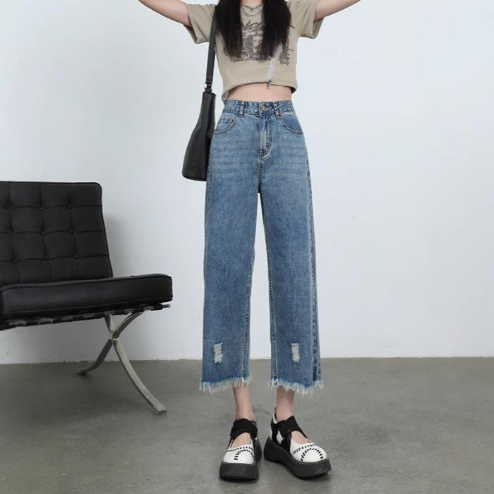 

Pear-Shaped High-Waisted Ripped Jeans for Women - Spring Slimming Straight-Wide Leg Pants for Plus Size XL темно-синього кольору