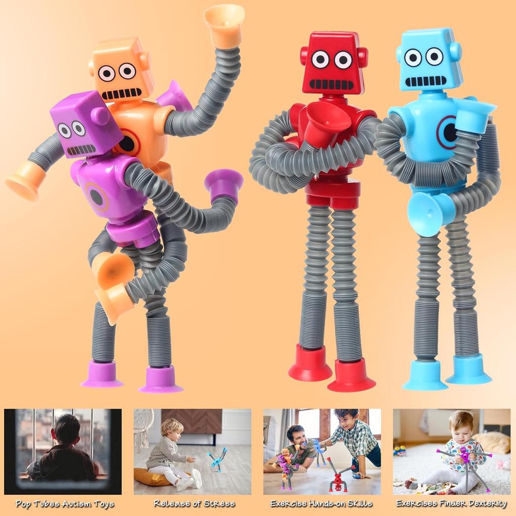 4PCS Suction Cup Robot Toy Shape Changing Telescopic Pop Tubes Autism Sensory Toy Robot Action Figure Bendable Fidget Toy