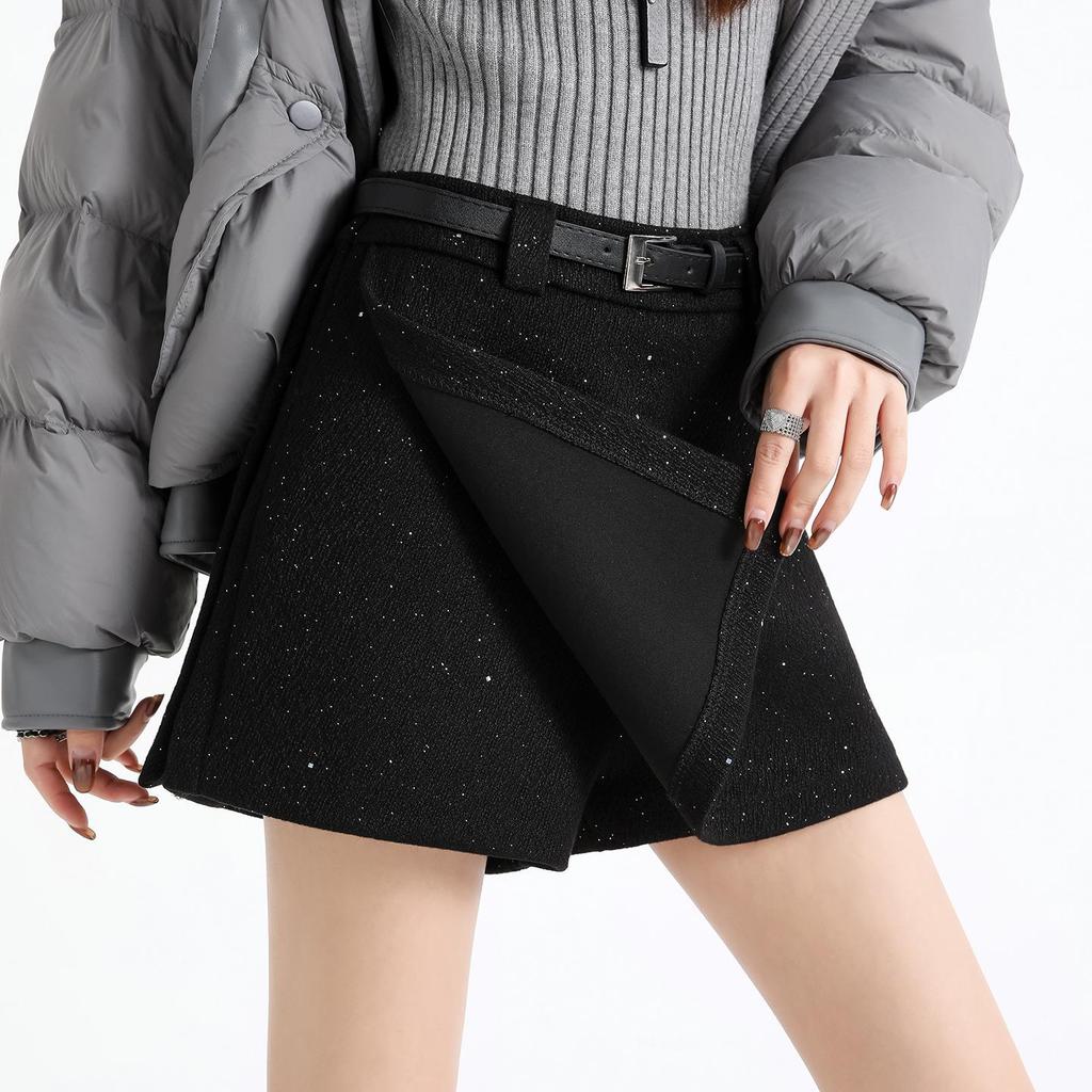 Women's High-Waist Sequin Wool-Blend A-Line Skort: Autumn/Winter 2025 Slimming Side-Slit Hip-Hugging Fashion