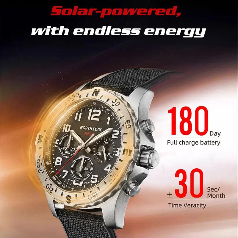 NORTH EDGE MACH 2 Men's Watches Solar Power 316 Stainless Steel Case Quartz Watch For Men Pilot Waterproof 50M Stopwatch