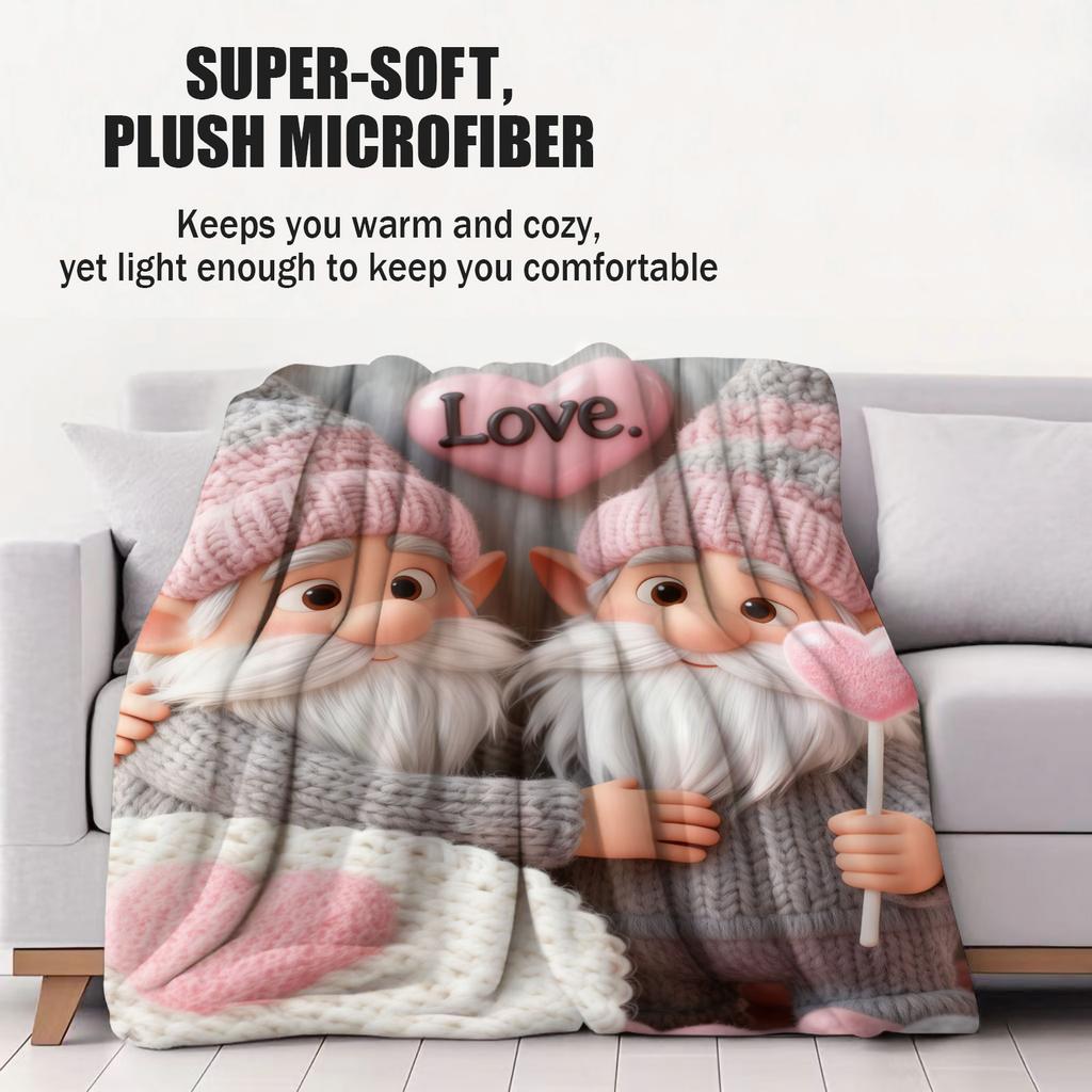 Cute Gnome Couple Flannel Blanket Heart Pattern Warm Throw Lightweight Cozy Cover for Living Room Christmas Valentine's Day Gift