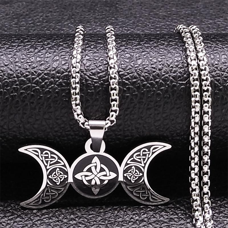 Witch Triple Moon Goddess Celtic Knot Necklace Stainless Steel Wicca Protection Crescent Necklaces Jewelry nudo de bruja