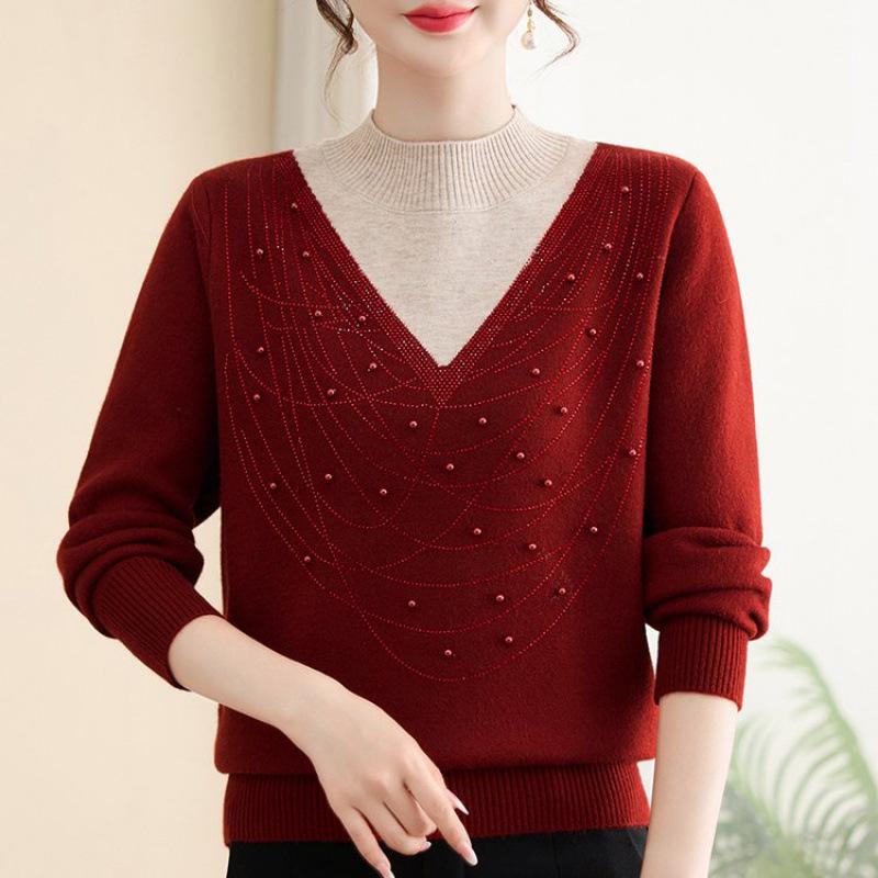Mom's Velvet Thickened Knit Two-Piece Sweater for Autumn/Winter - Mid-Age Half-High Collar
