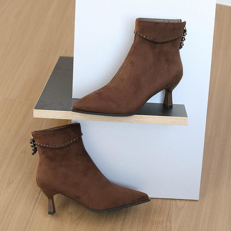 French pointed suede stiletto short boots women's 2025 autumn new single boots elastic fashion thin boots medium heel Martin boots