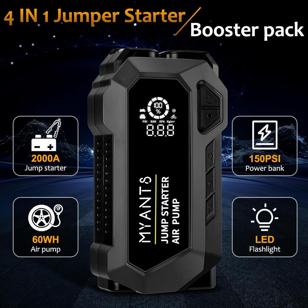 4000A Jump Starter with Air Compressor, 12V Portable Car Battery Charger, LED Light & Quick-Charge for Gas Engines up to 10L