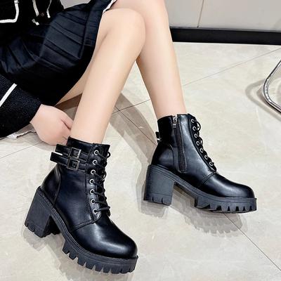 Schnallendesign Damenschuhe 2024 Winter Damenstiefel Neu Runde Zehenpartie Plateau Hohe Absätze Bequem Klobiger Absatz Büro Damenschuhe