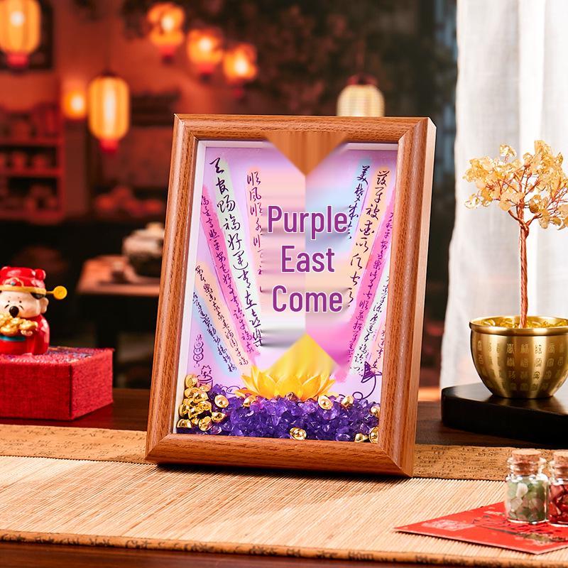 Purple Qi East Creative New Year Gifts: Housewarming & Office Wealth Attraction Ornaments 6-inch Natural Wood + Amethyst & Small Gold Ingots